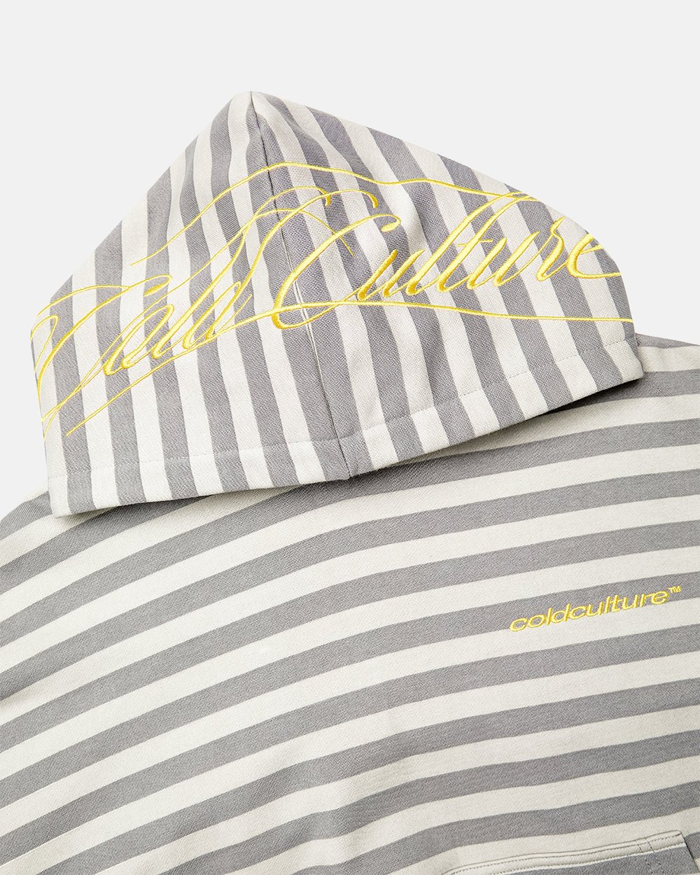 BUMBLE BEE HOODIE DARK GREY - grey striped hoodie, detail close-up - Cold Culture