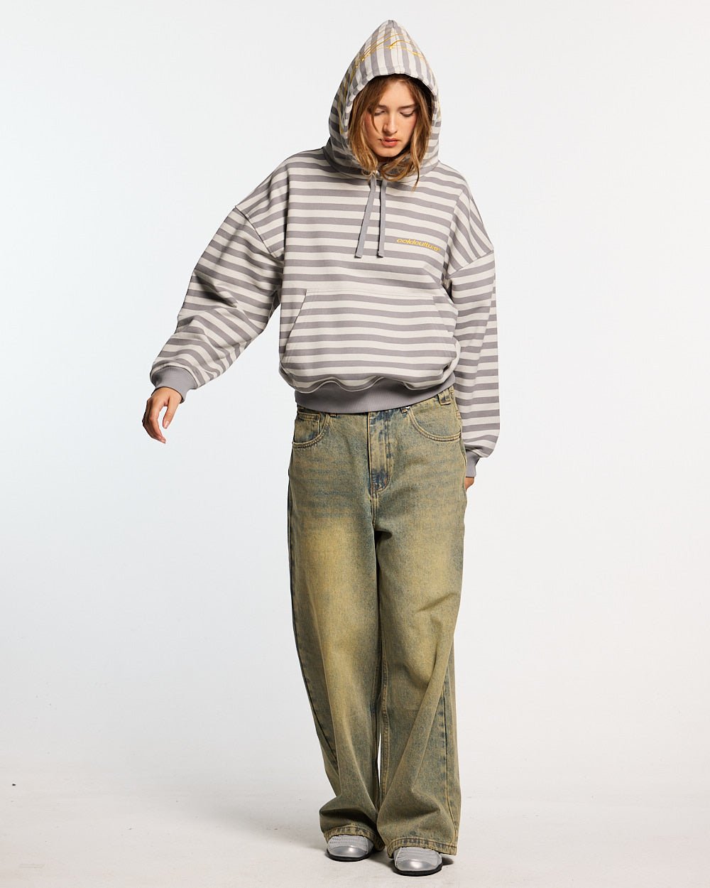 BUMBLE BEE HOODIE DARK GREY - grey striped hoodie, front view on female model - Cold Culture #woman