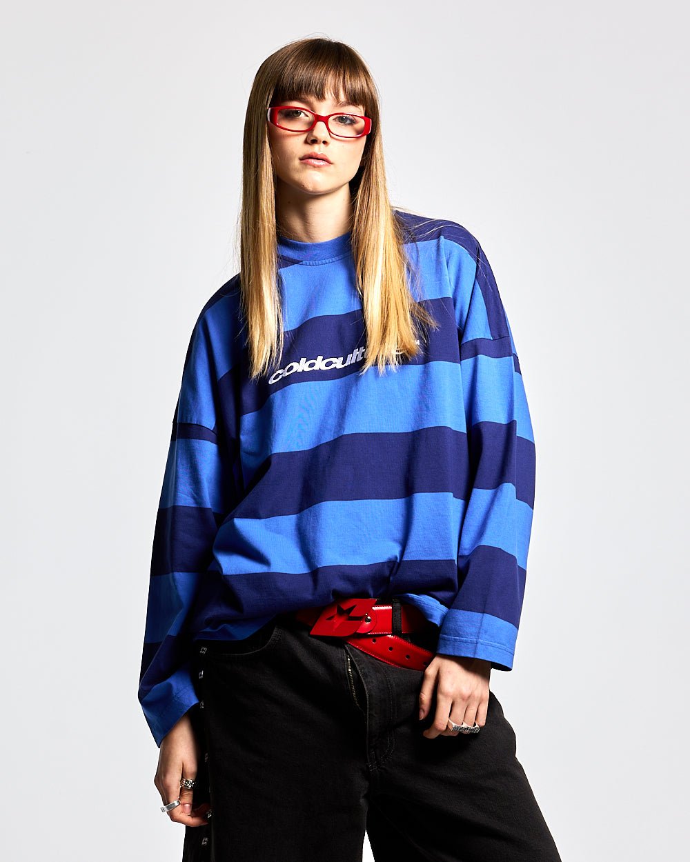 BURNIN STRIPES LONGSLEEVE BLACK AND BLUE - blue striped longsleeve tee, front view on female model - Cold Culture #woman