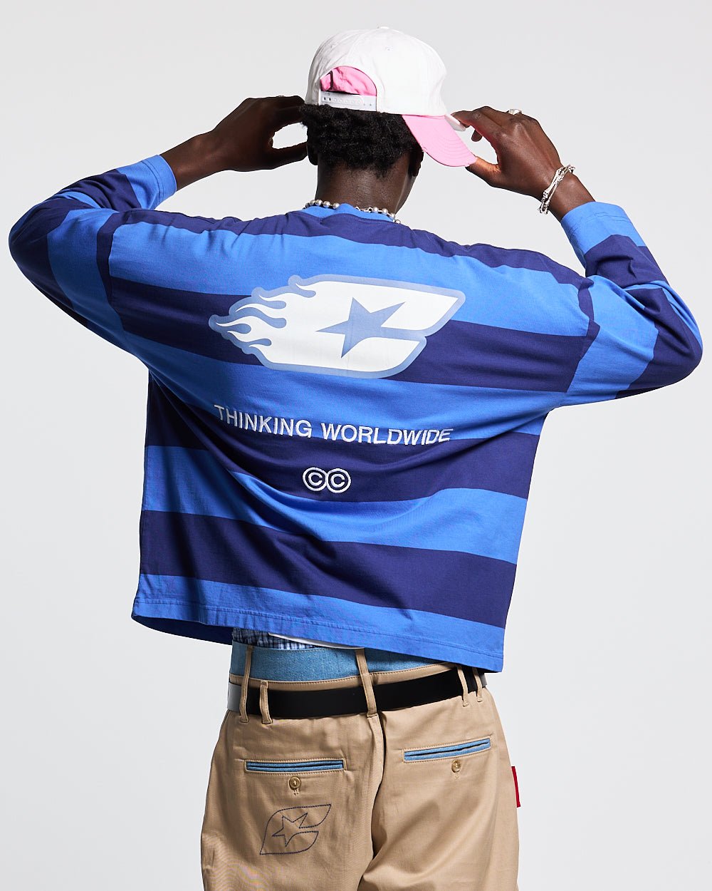 BURNIN STRIPES LONGSLEEVE BLACK AND BLUE - blue striped longsleeve tee, back view on male model - Cold Culture #man