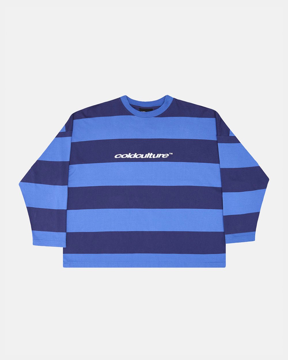 BURNIN STRIPES LONGSLEEVE BLACK AND BLUE - blue striped longsleeve tee, front view - Cold Culture #packshot