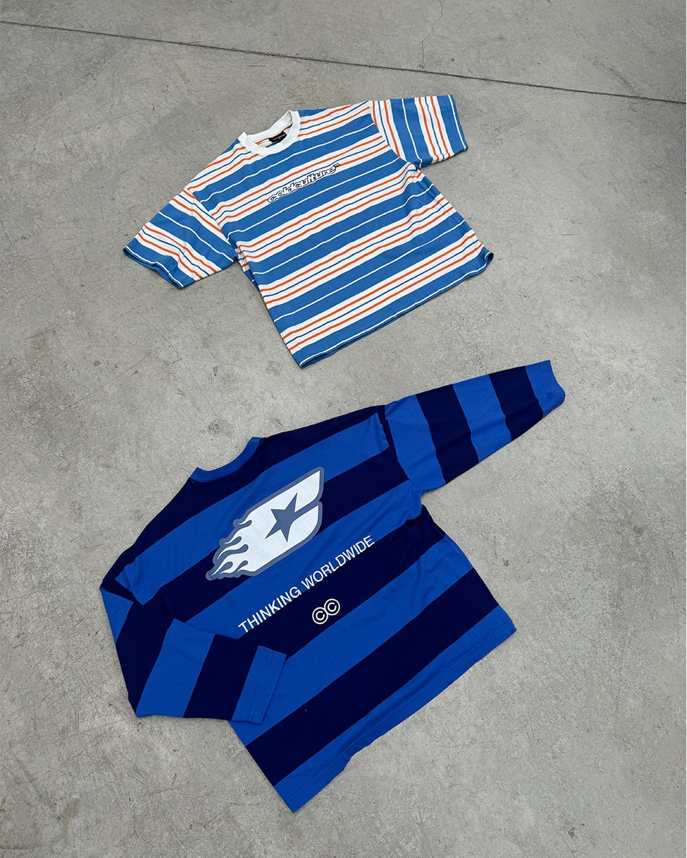 BURNIN STRIPES LONGSLEEVE BLACK AND BLUE - blue striped longsleeve tee, flat lay with matching pieces - Cold Culture