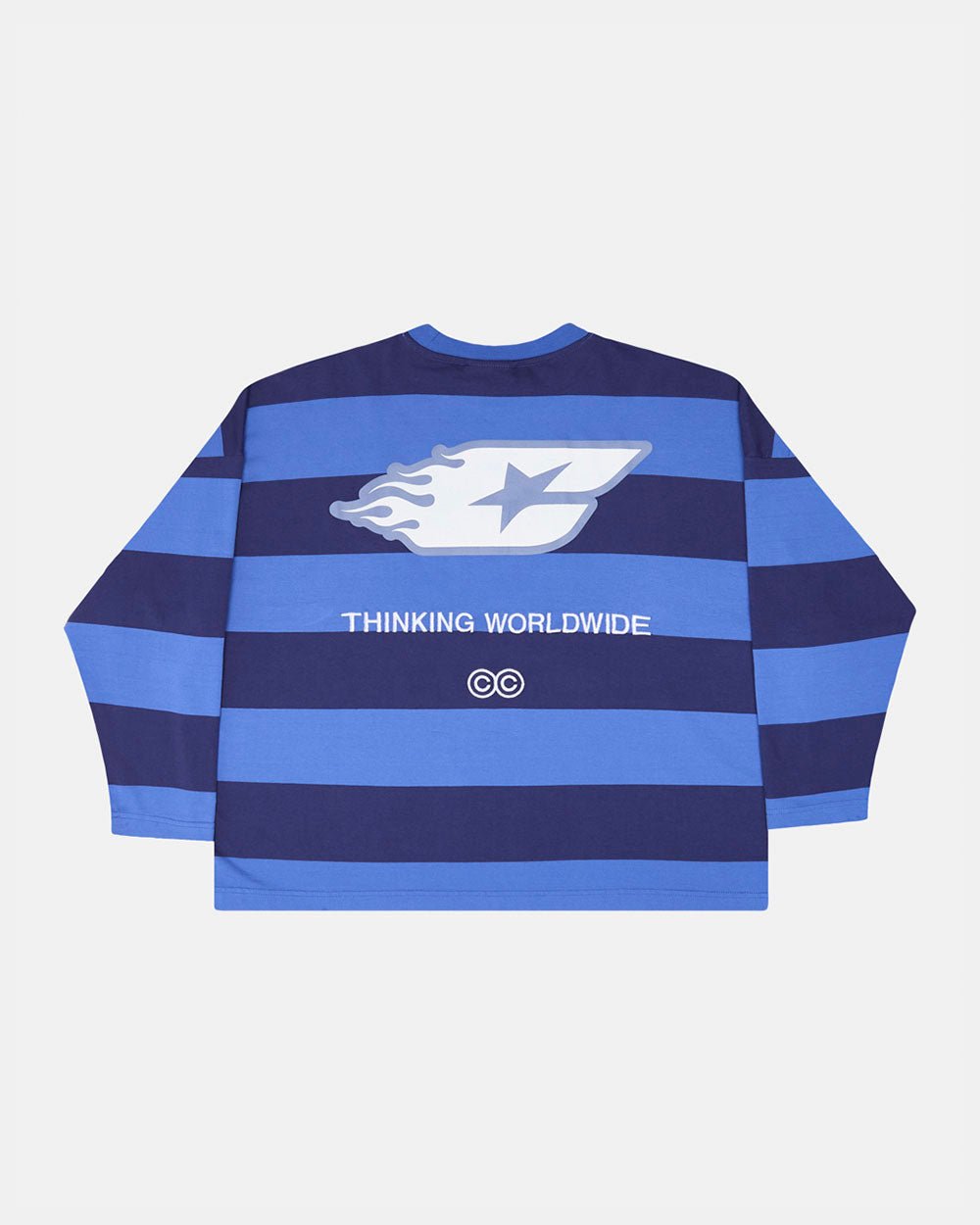 BURNIN STRIPES LONGSLEEVE BLACK AND BLUE - blue striped longsleeve tee, back view - Cold Culture #packshot