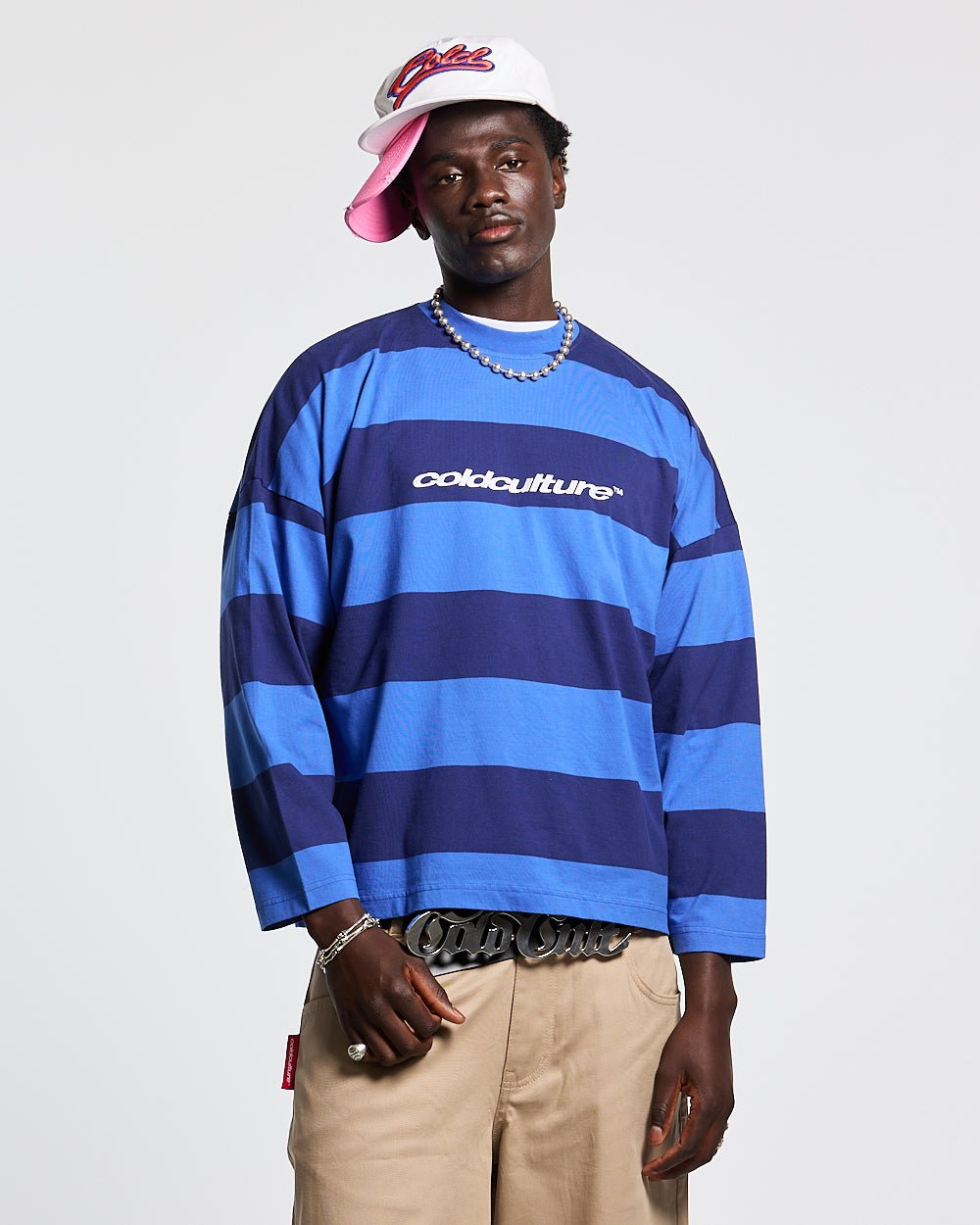 BURNIN STRIPES LONGSLEEVE BLACK AND BLUE - blue striped longsleeve tee, front view on male model - Cold Culture #man