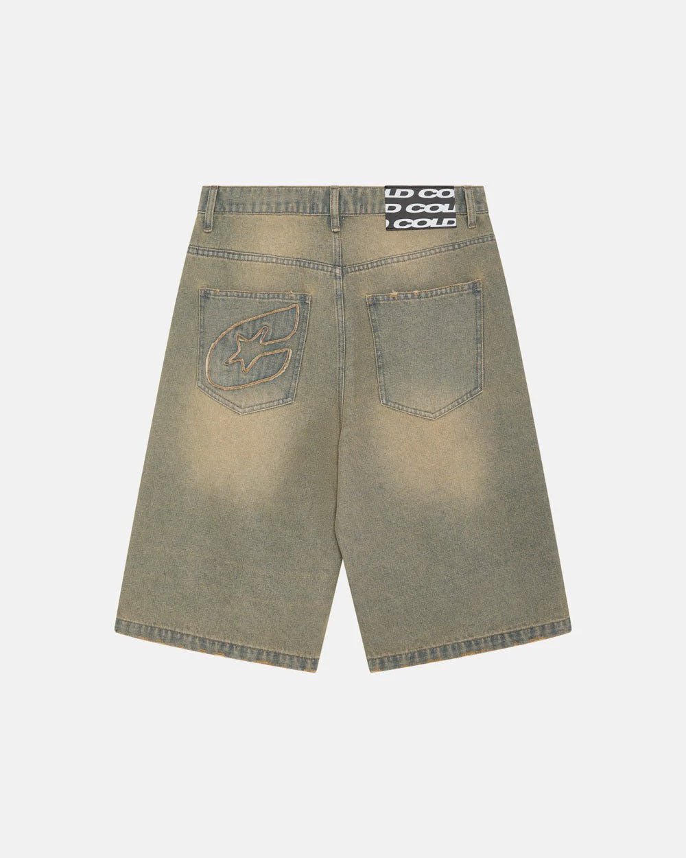 C V2 DIRTY DENIM SHORTS - washed denim shorts, back view - Cold Culture #packshot