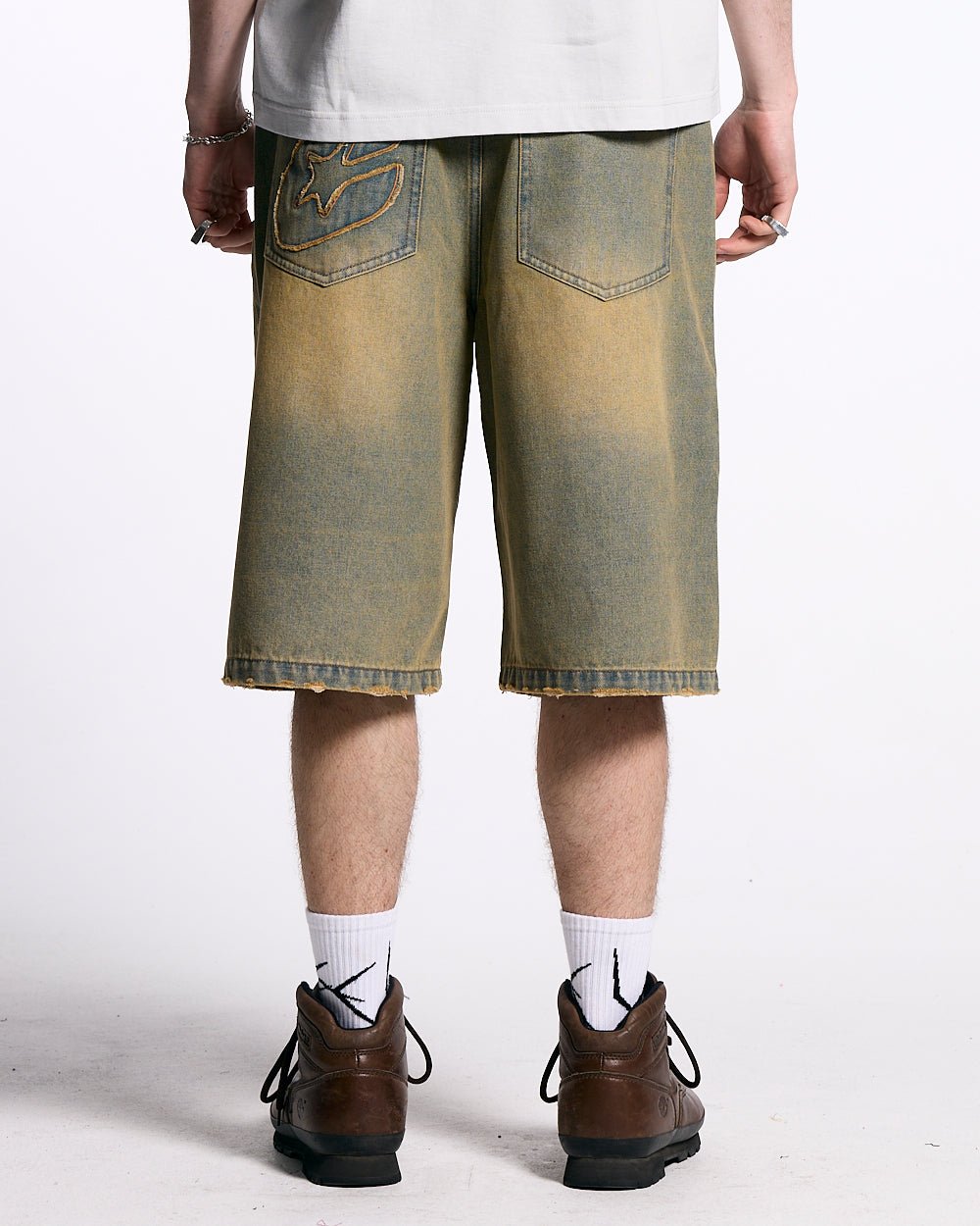 C V2 DIRTY DENIM SHORTS - washed denim shorts, back view on male model - Cold Culture