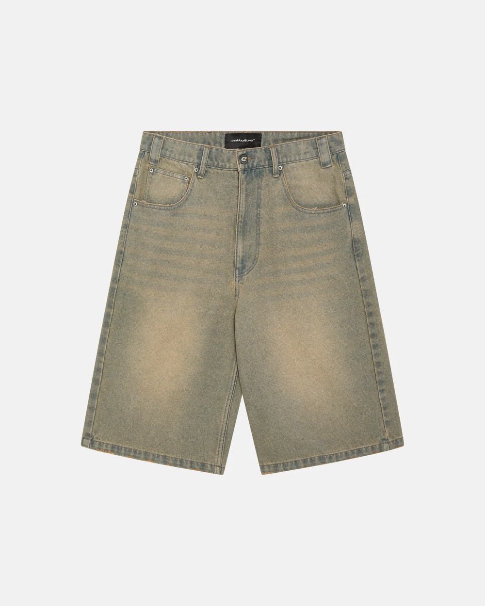 C V2 DIRTY DENIM SHORTS - washed denim shorts, front view - Cold Culture #packshot