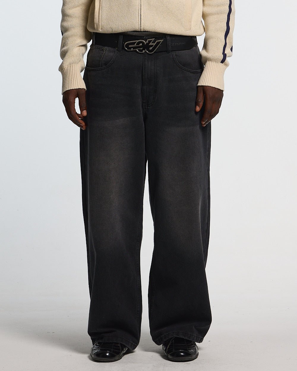 C V2 DIRTY PANTS BLACK - washed black baggy pants, front view on male model - Cold Culture