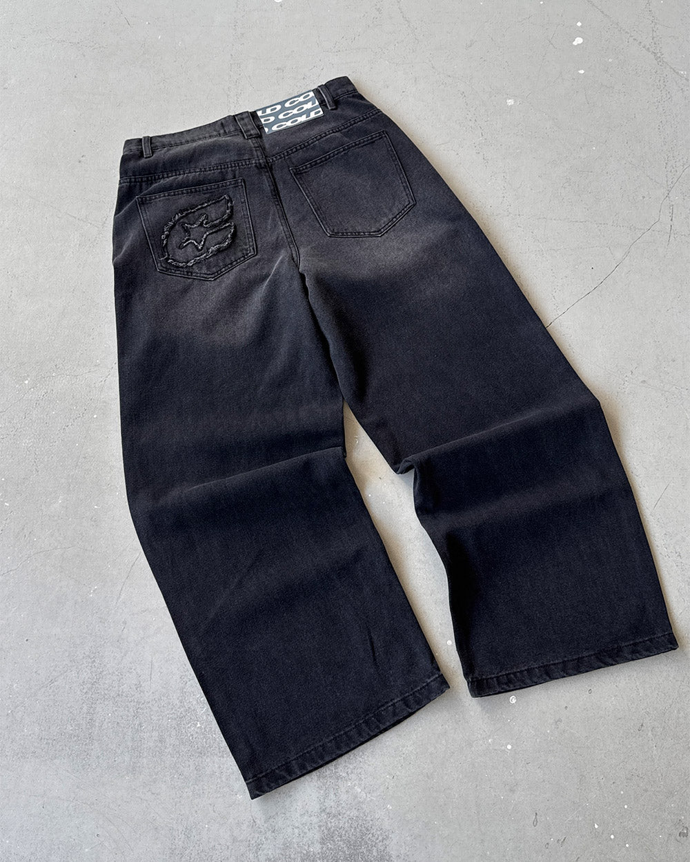 C V2 DIRTY PANTS BLACK - washed black baggy pants, flat lay - Cold Culture