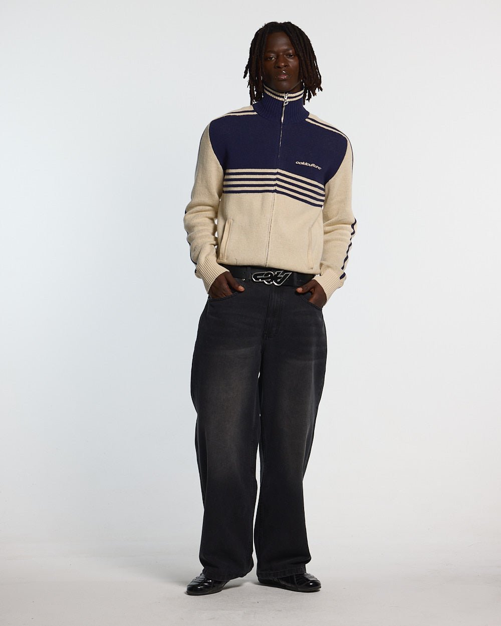 C V2 DIRTY PANTS BLACK - washed black baggy pants, front view on male model - Cold Culture #man