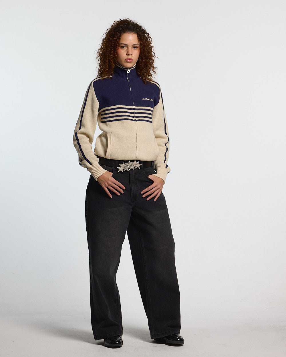C V2 DIRTY PANTS BLACK - washed black baggy pants, front view on female model - Cold Culture #woman
