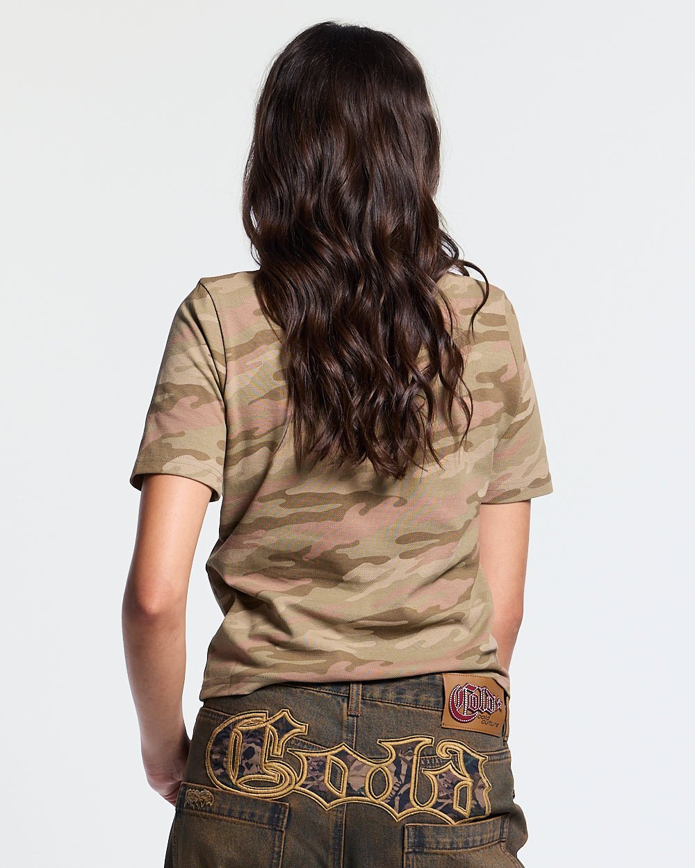 CAMO CLUB POLO - beige camo polo shirt, back view on female model - Cold Culture #woman
