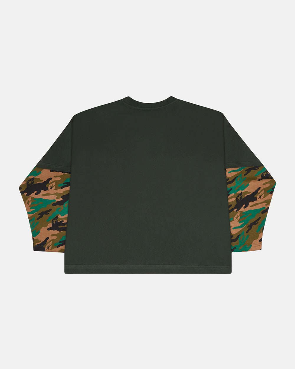 CAMO DOUBLE SLEEVE TEE DEEP FOREST - dark green camo longsleeve tee, back view - Cold Culture #packshot