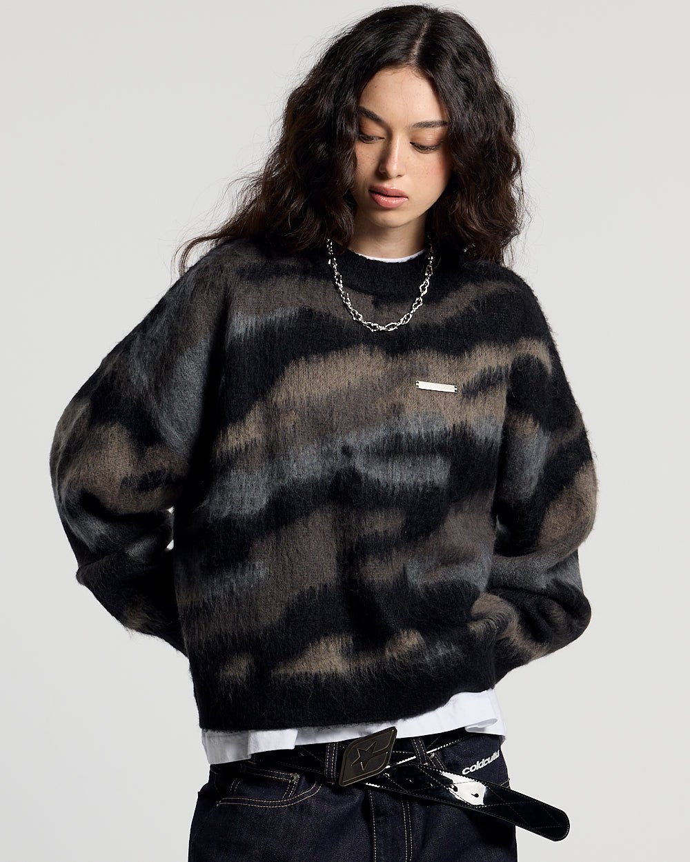 CAMO KNITWEAR DARK BROWN - dark brown camo knit sweater, front view on female model - Cold Culture #woman
