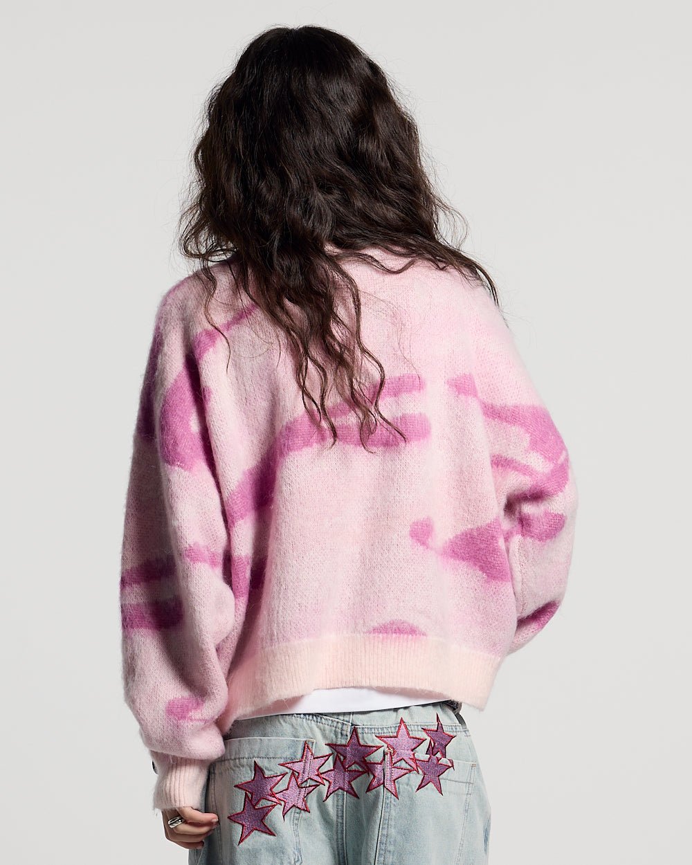 CAMO KNITWEAR PINK - pink camo knit sweater, back view on female model - Cold Culture #woman