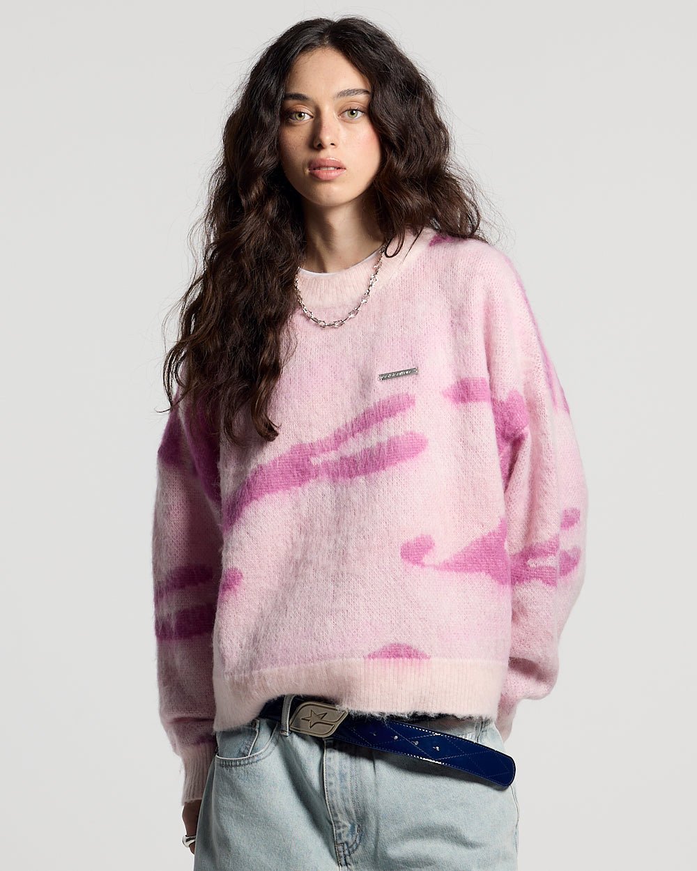 CAMO KNITWEAR PINK - pink camo knit sweater, front view on female model - Cold Culture #woman