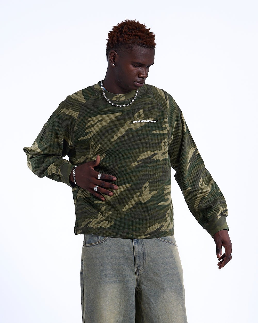 CAMO THERMAL LONGSLEEVE TEE GREEN - green camo longsleeve tee, front view on male model - Cold Culture #man
