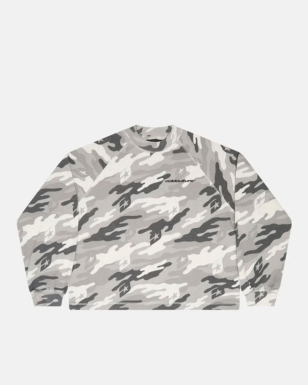 CAMO THERMAL LONGSLEEVE TEE GREY - grey camo longsleeve tee, front view - Cold Culture #packshot