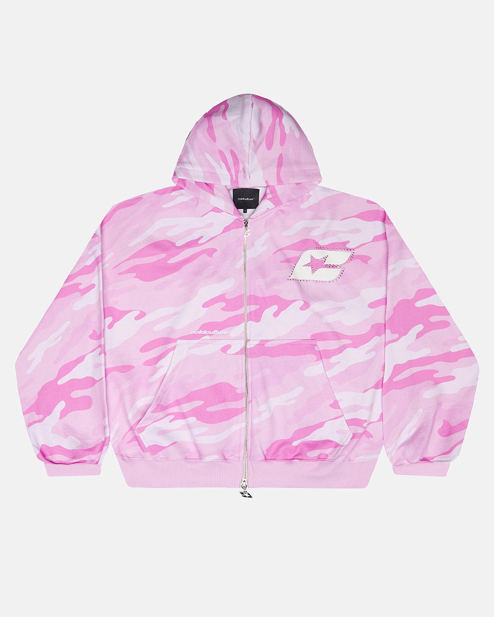 CAMO ZIP HOODIE PINK - pink camo zip-up hoodie, front view - Cold Culture #packshot