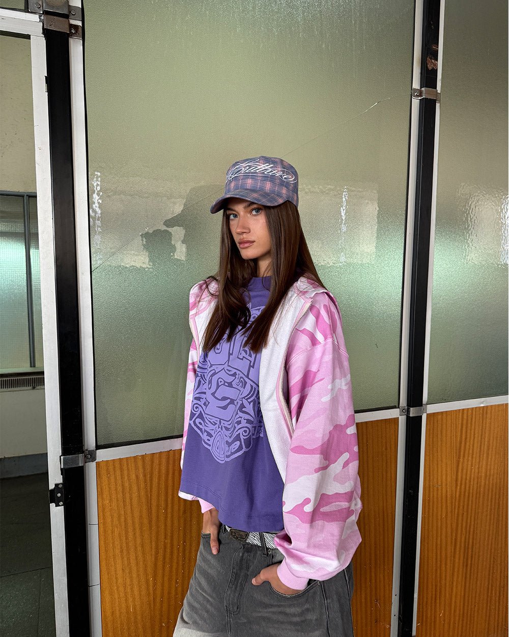 CAMO ZIP HOODIE PINK - pink camo zip-up hoodie, street style shot - Cold Culture #woman