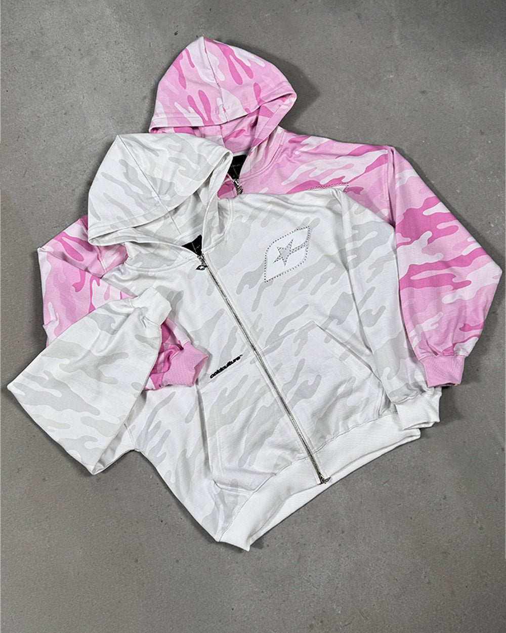 CAMO ZIP HOODIE PINK - pink camo zip-up hoodie, flat lay with matching pieces - Cold Culture