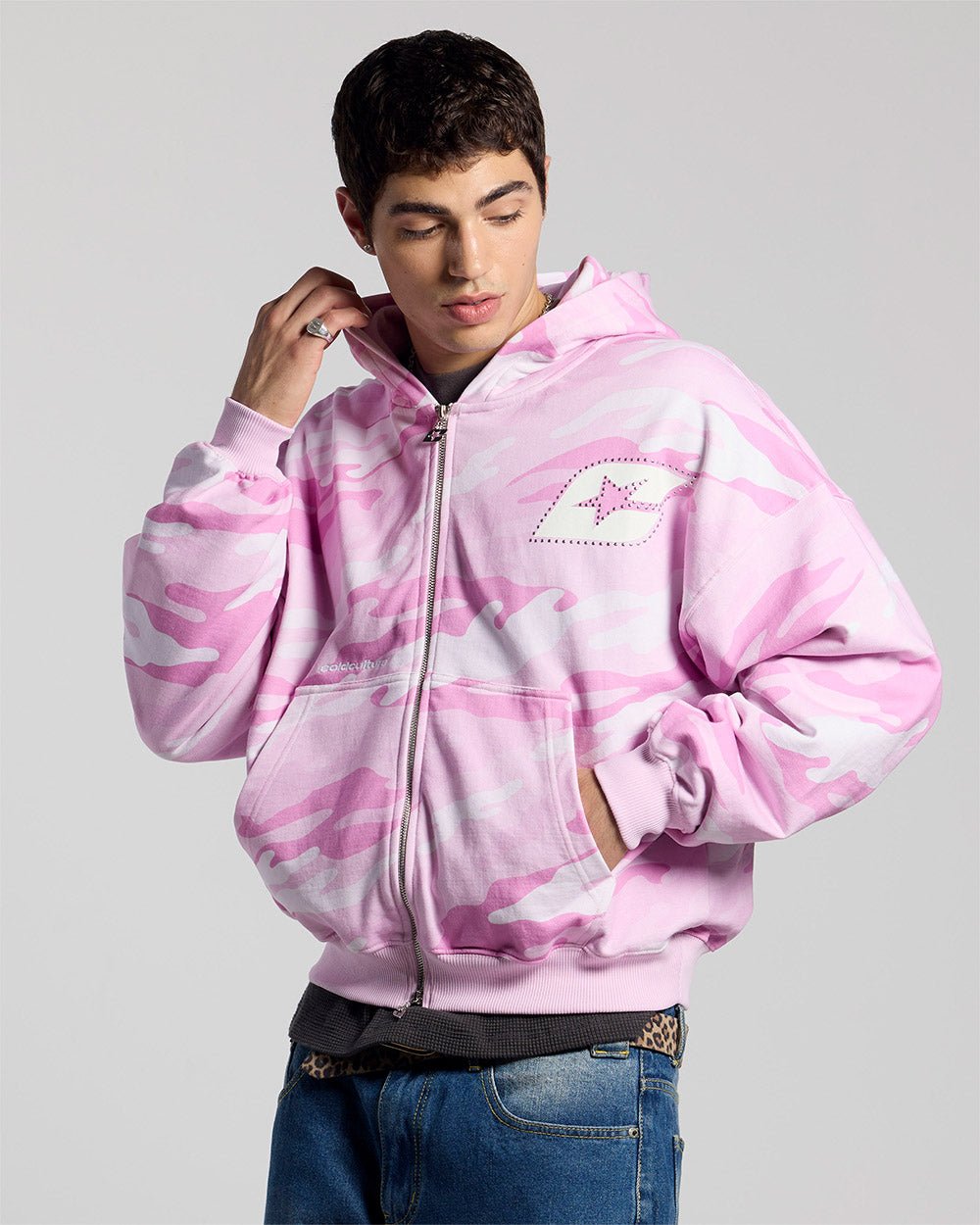CAMO ZIP HOODIE PINK - pink camo zip-up hoodie, front view on male model - Cold Culture #man