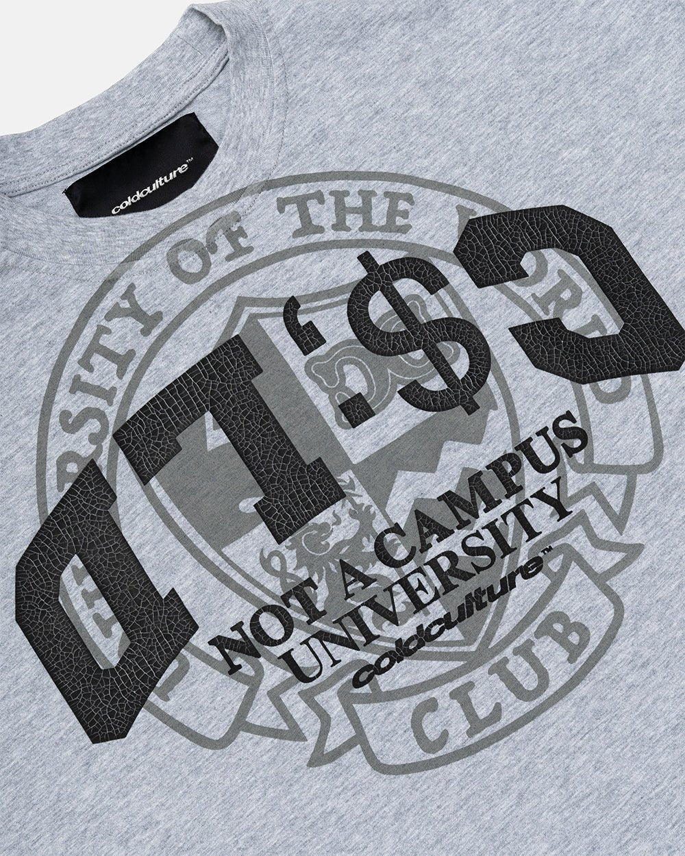 CAMPUS TEE HEATHER GREY - heather grey graphic print tee, detail close-up - Cold Culture