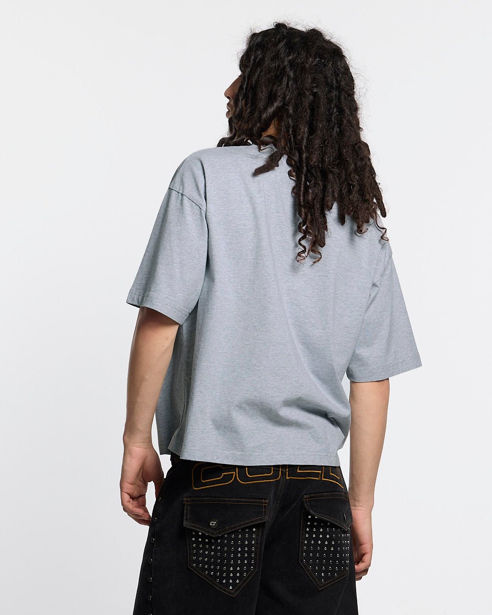 CAMPUS TEE HEATHER GREY - heather grey graphic print tee, back view on male model - Cold Culture #man