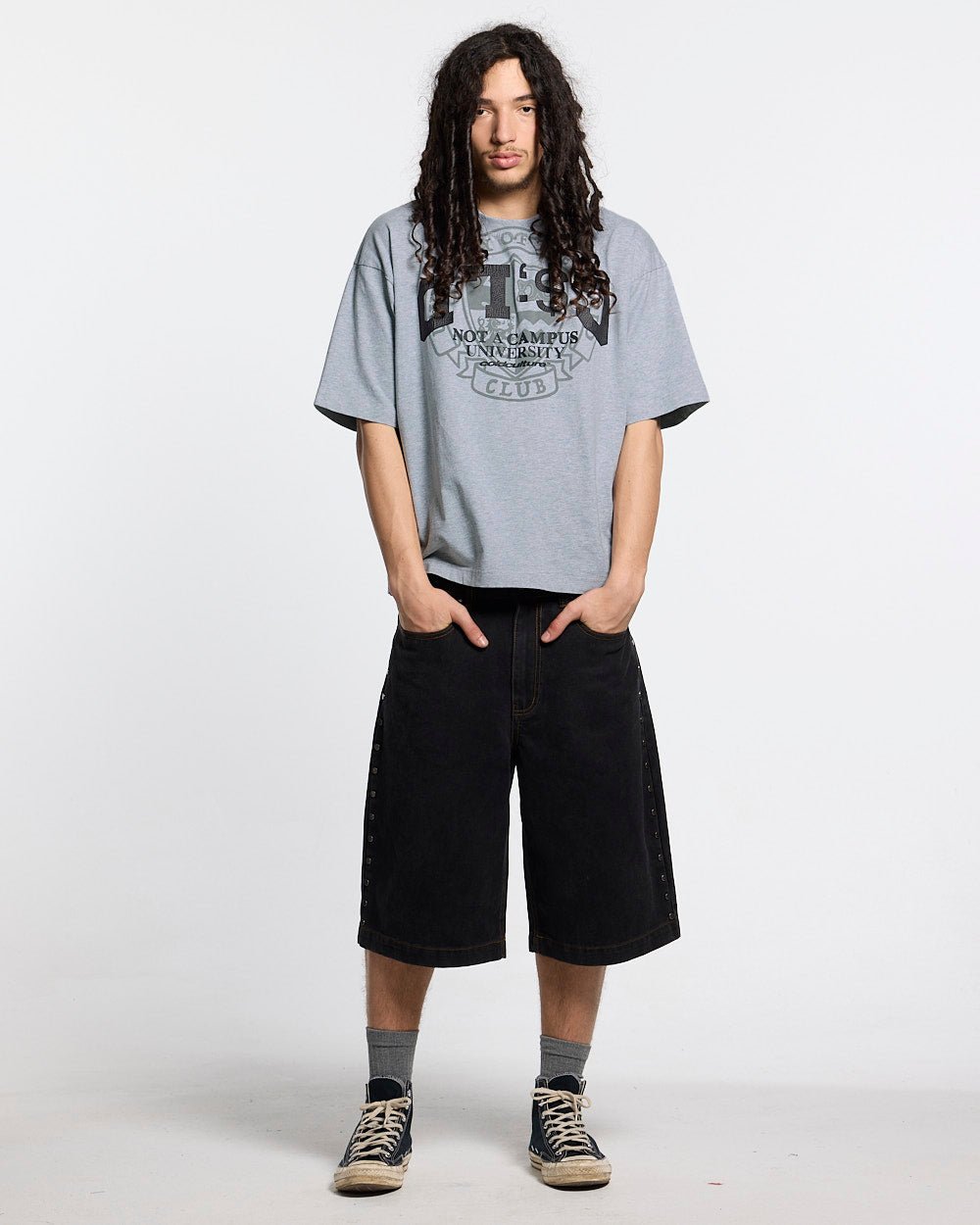 CAMPUS TEE HEATHER GREY - heather grey graphic print tee, front view on male model - Cold Culture #man