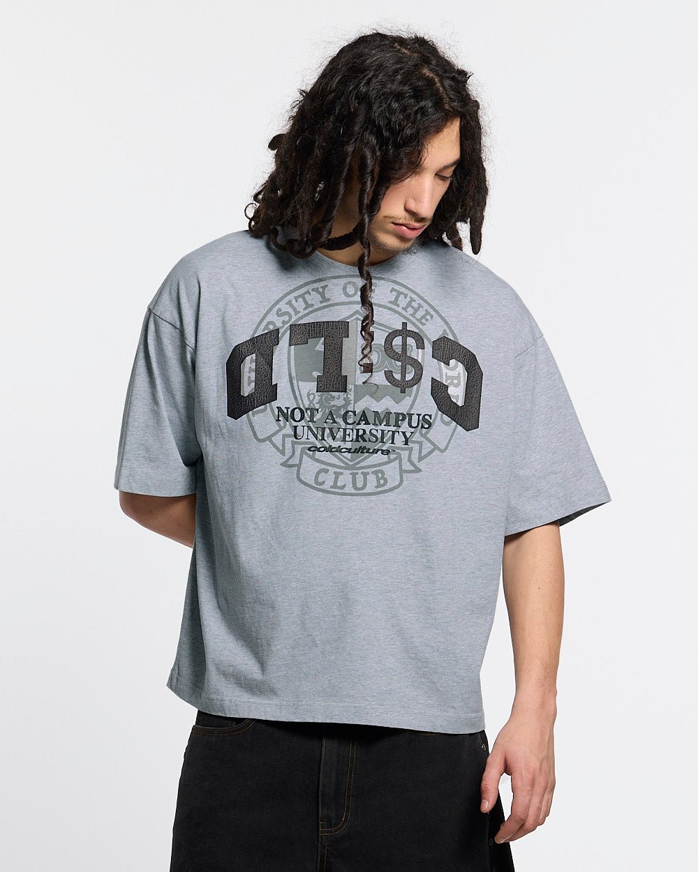 CAMPUS TEE HEATHER GREY - heather grey graphic print tee, front view on male model - Cold Culture #man