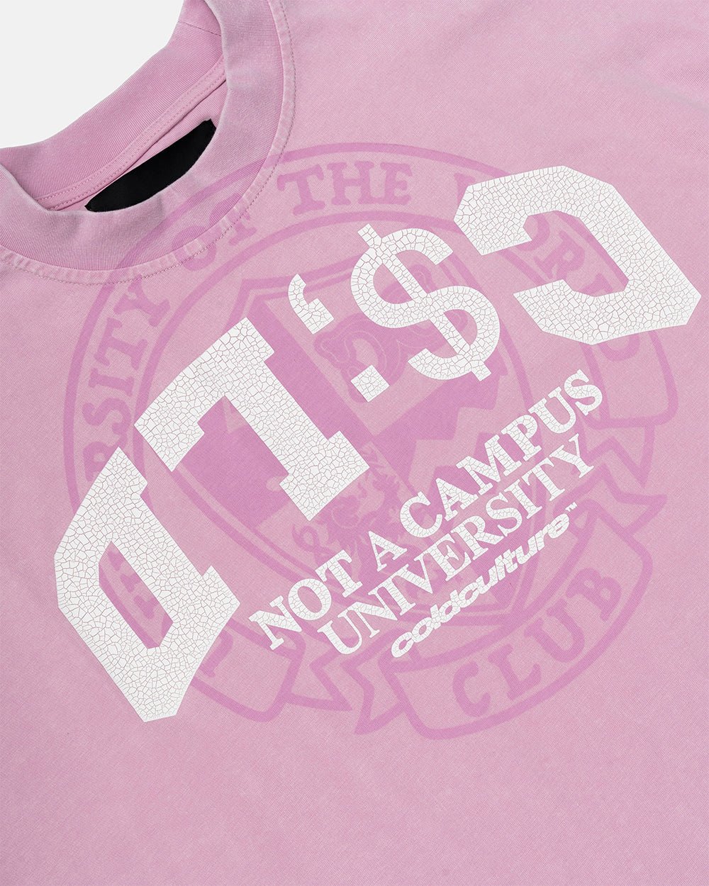 CAMPUS TEE PINK - pink graphic print tee, detail close-up - Cold Culture