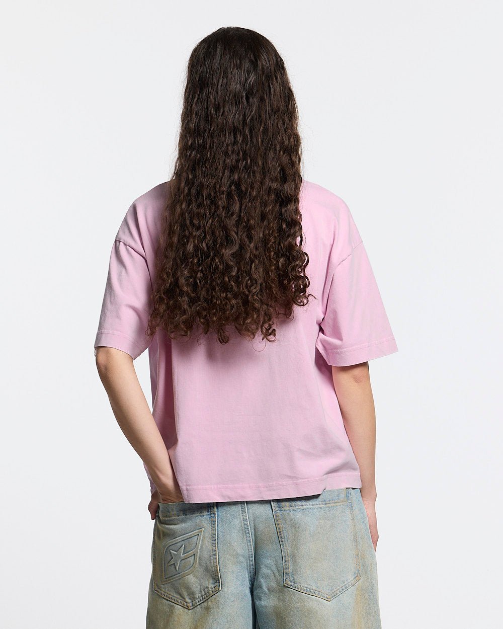CAMPUS TEE PINK - pink graphic print tee, back view on female model - Cold Culture #woman