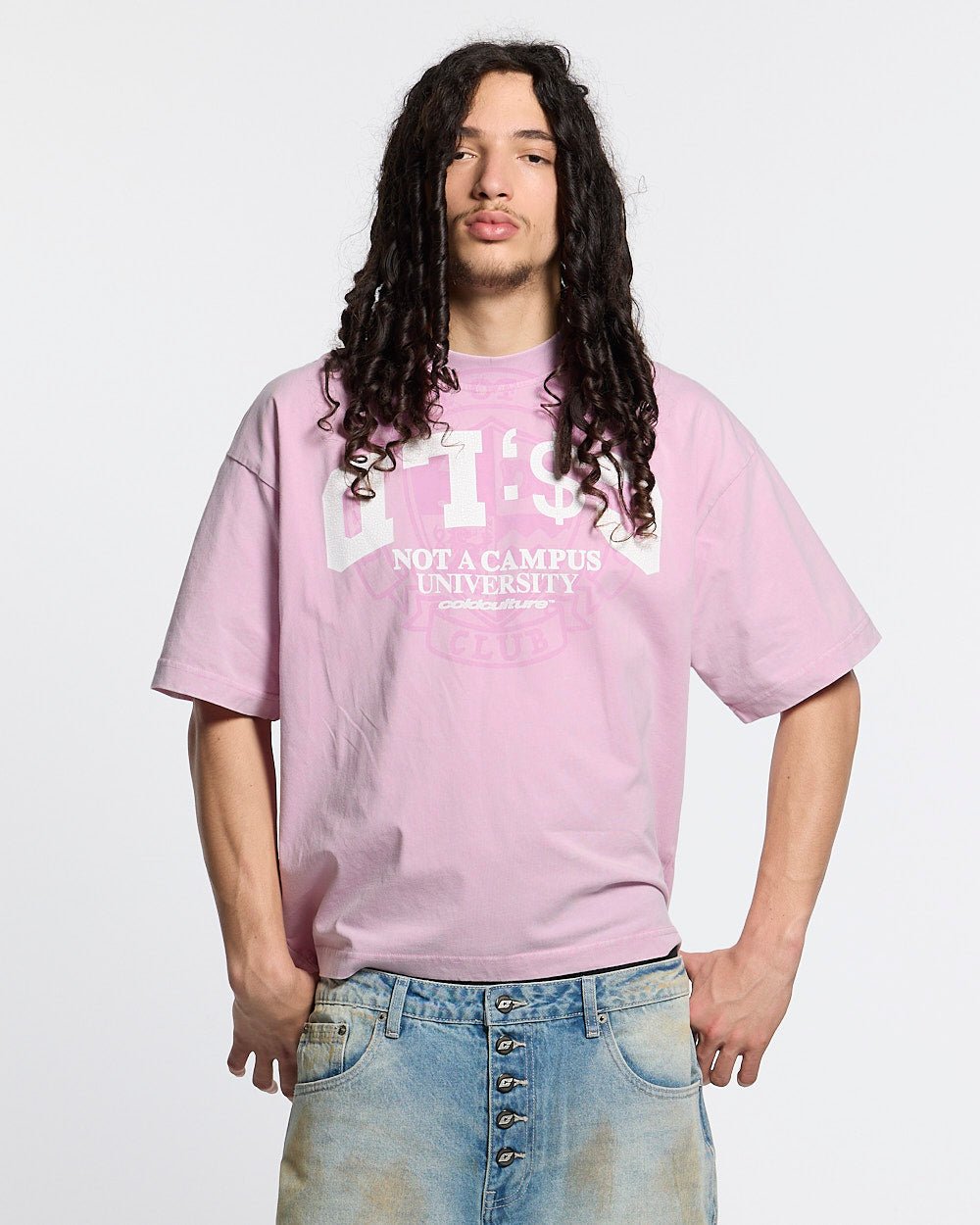 CAMPUS TEE PINK - pink graphic print tee, front view on male model - Cold Culture #man
