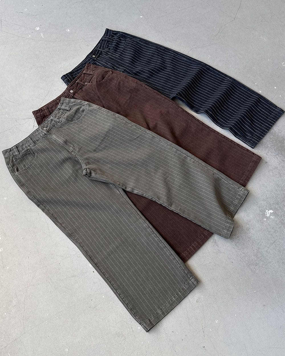 CASINO PANTS BROWN DENIM - brown pinstripe denim pants, flat lay with matching pieces - Cold Culture