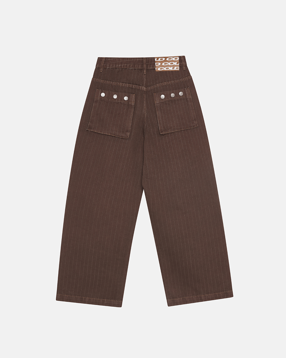 CASINO PANTS BROWN DENIM - brown pinstripe denim pants, back view - Cold Culture #packshot
