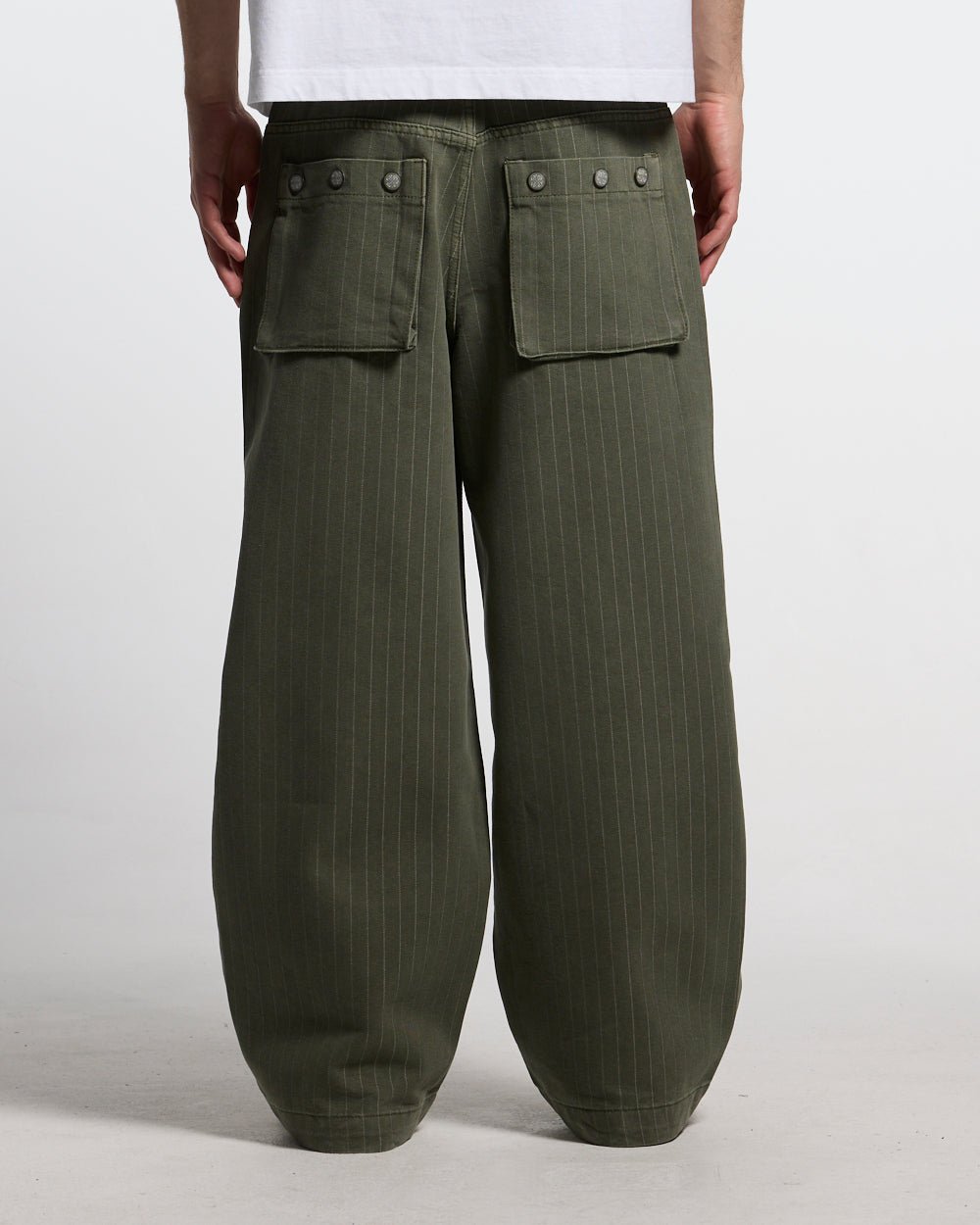 CASINO PANTS GREEN DENIM - green pinstripe denim pants, back view on male model - Cold Culture