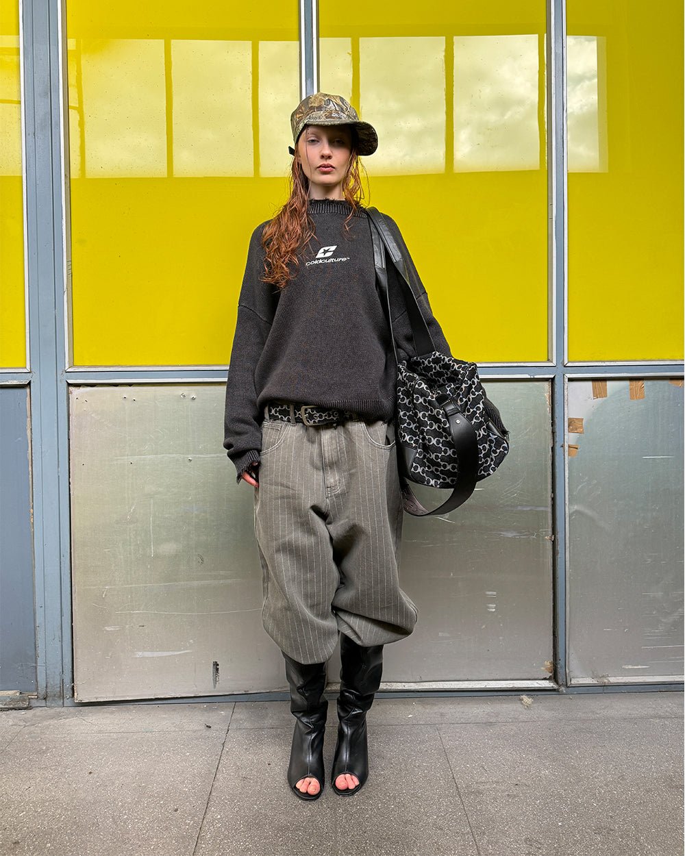 CASINO PANTS GREEN DENIM - green pinstripe denim pants, street style shot - Cold Culture
