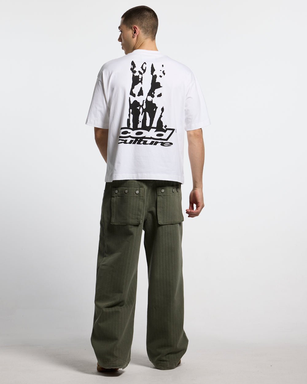 CASINO PANTS GREEN DENIM - green pinstripe denim pants, back view on male model - Cold Culture #man