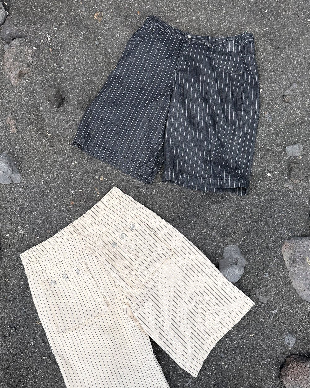 CASINO SHORT BLACK - black pinstripe shorts, flat lay with matching pieces - Cold Culture