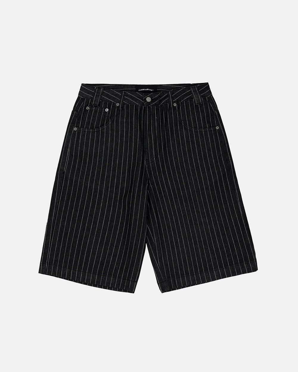 CASINO SHORT BLACK - black pinstripe shorts, front view - Cold Culture #packshot