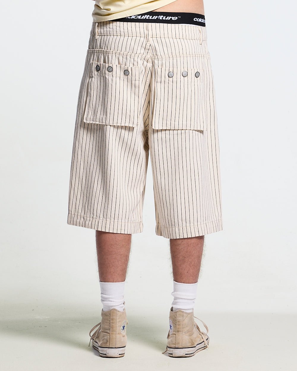 CASINO SHORT OFF-WHITE - off-white pinstripe shorts, back view on male model - Cold Culture