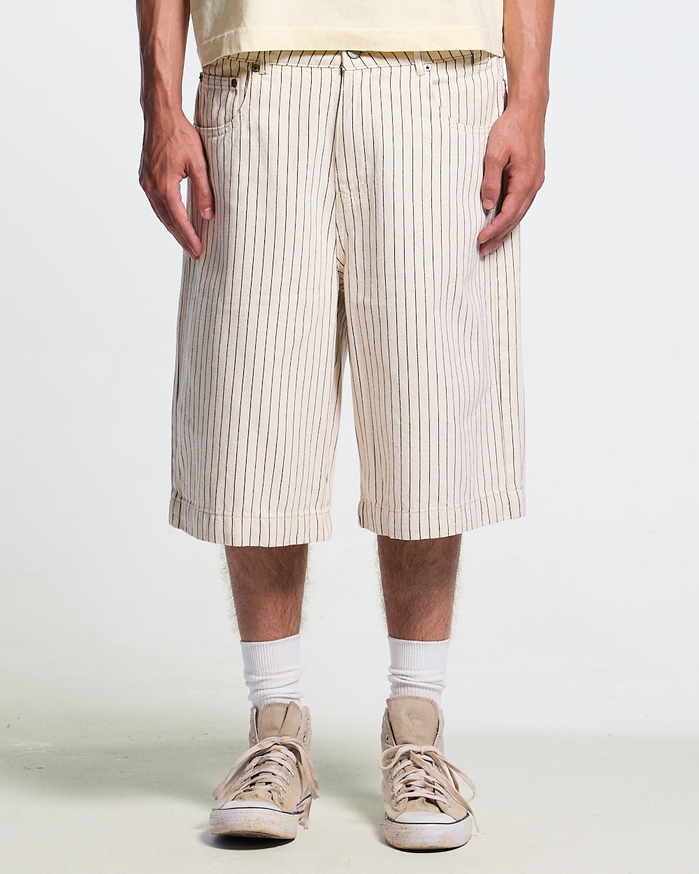 CASINO SHORT OFF-WHITE - off-white pinstripe shorts, front view on male model - Cold Culture