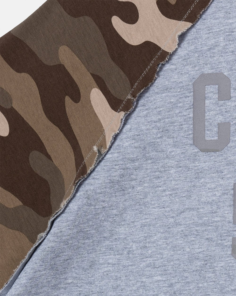 CHAINS CAMO TEE GREY - grey camo sleeve tee, detail close-up - Cold Culture