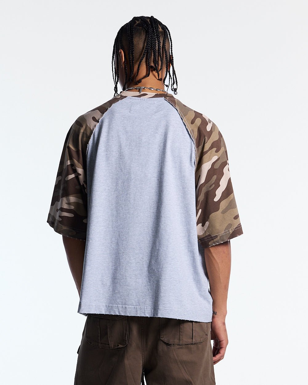 CHAINS CAMO TEE GREY - grey camo sleeve tee, back view on male model - Cold Culture #man