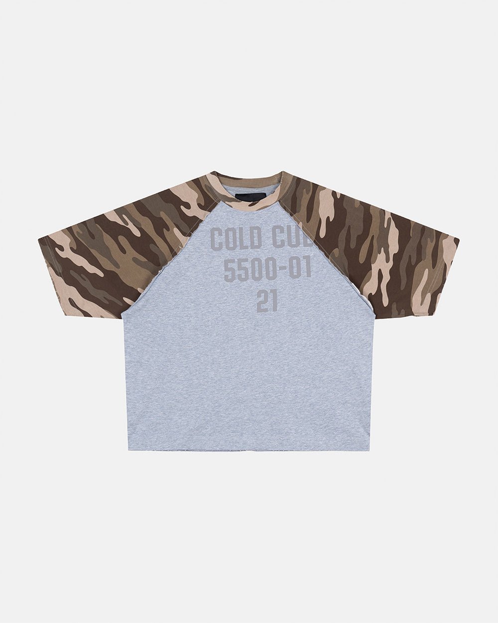 CHAINS CAMO TEE GREY - grey camo sleeve tee, front view - Cold Culture #packshot