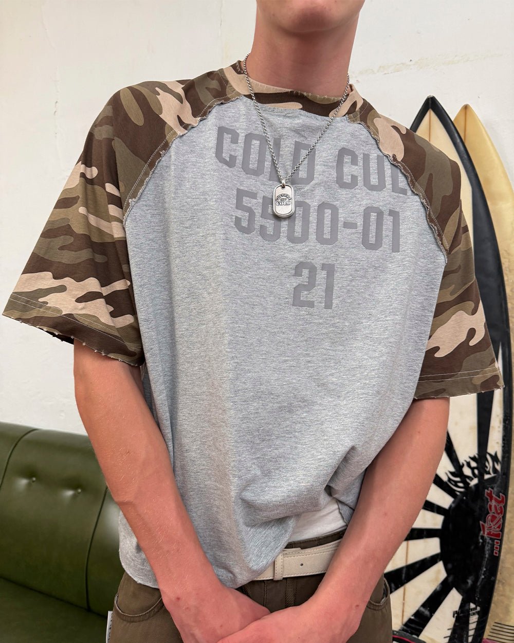 CHAINS CAMO TEE GREY - grey camo sleeve tee, on model close-up - Cold Culture