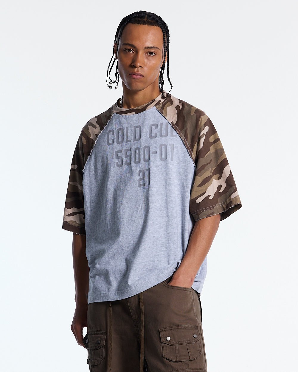 CHAINS CAMO TEE GREY - grey camo sleeve tee, front view on male model - Cold Culture #man
