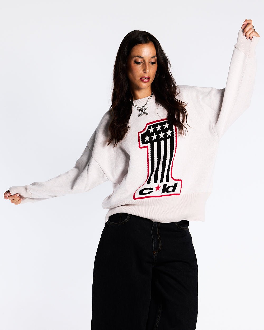 CHAMPIONS CLUB KNIT LIGHT GREY - light grey graphic knit sweater, front view on female model - Cold Culture #woman