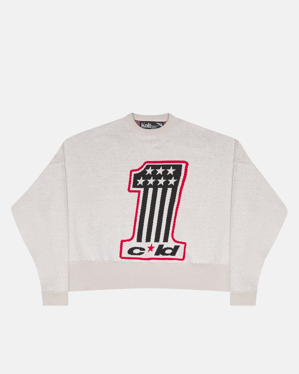 CHAMPIONS CLUB KNIT LIGHT GREY - light grey graphic knit sweater, front view - Cold Culture #packshot