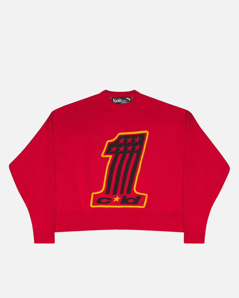 CHAMPIONS CLUB KNIT VIVID RED - red graphic knit sweater, front view - Cold Culture #packshot